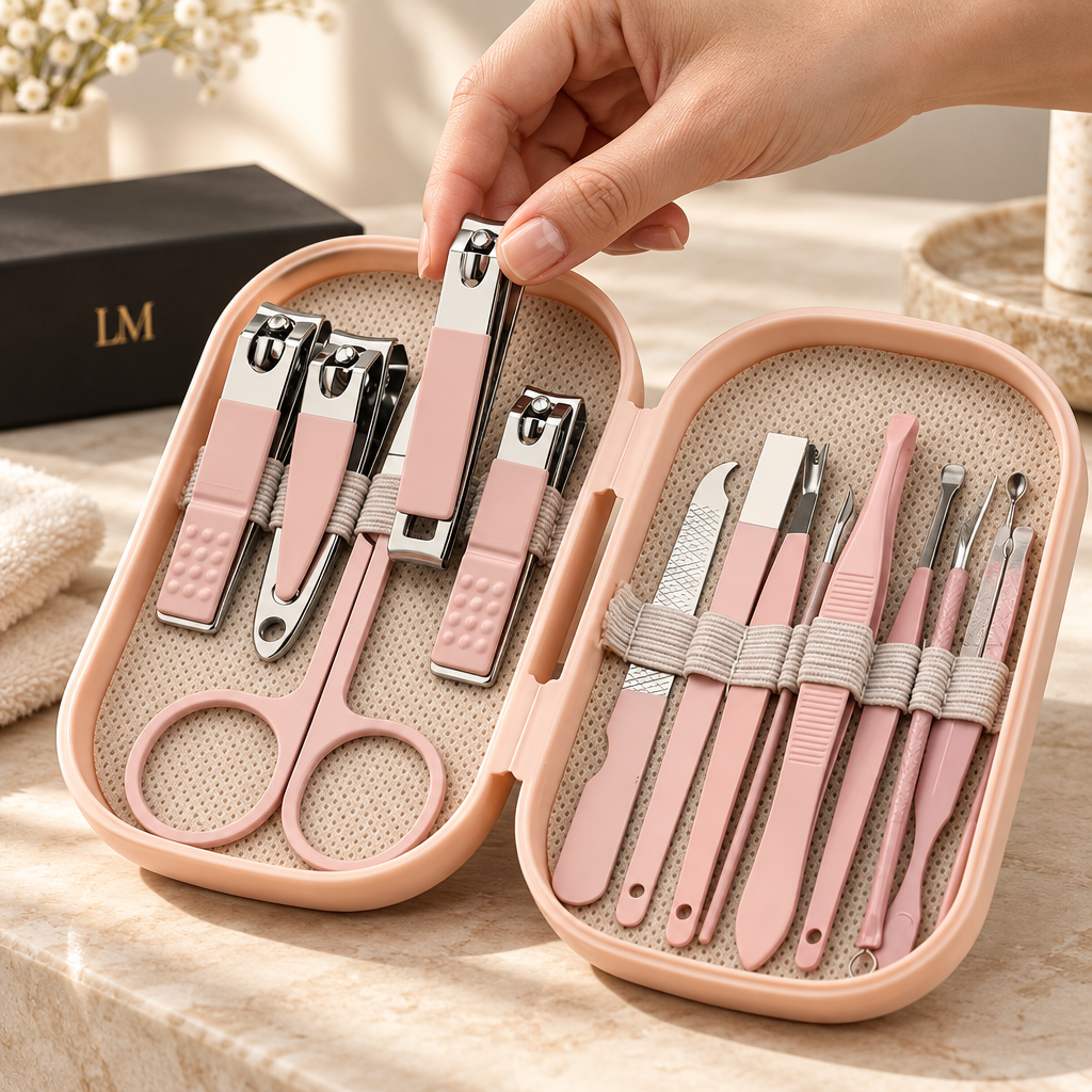 Premium in-use photo of the pink grooming kit