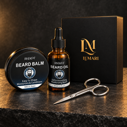 Beard kit in a dark studio with branded black box