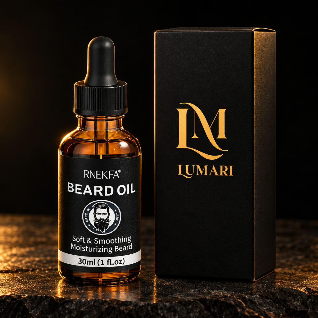Beard oil and Lumari box in a black-and-gold setting