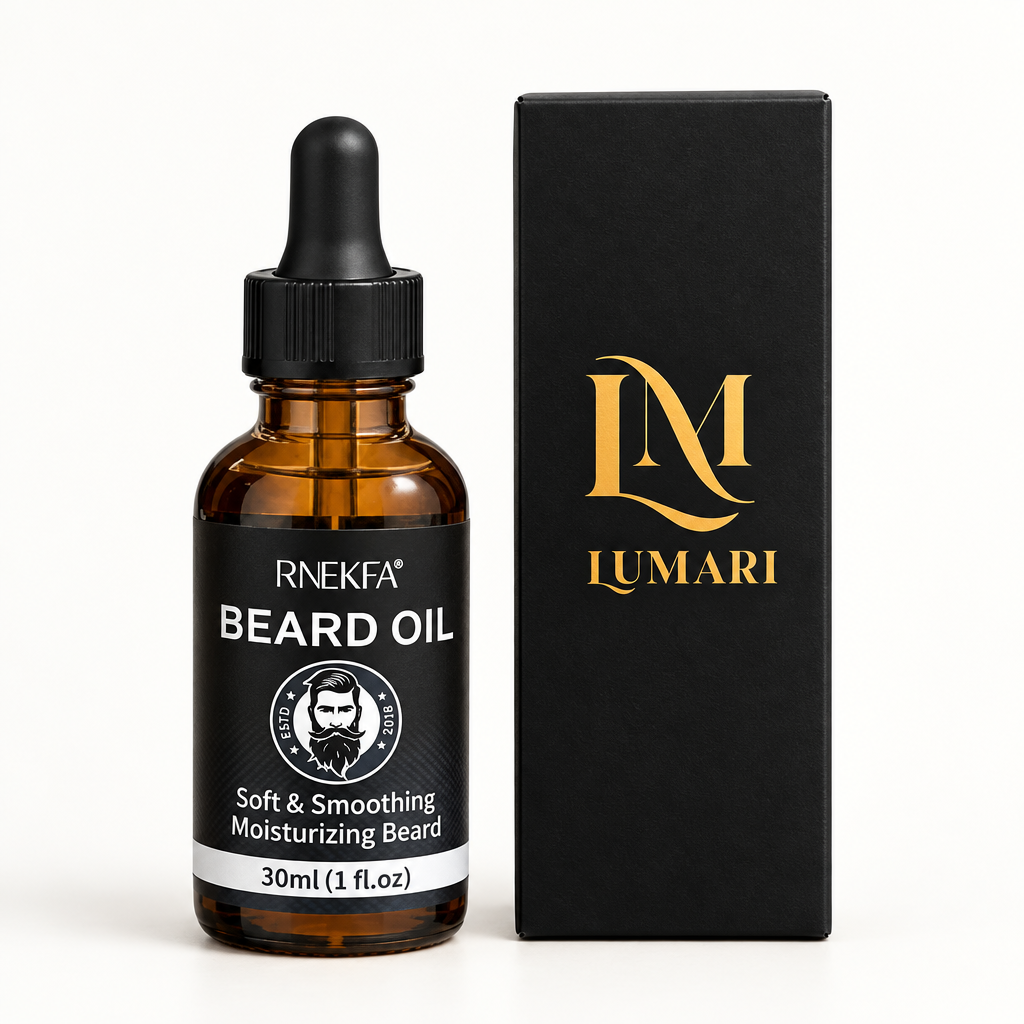 Beard oil and Lumari box on a clean studio background