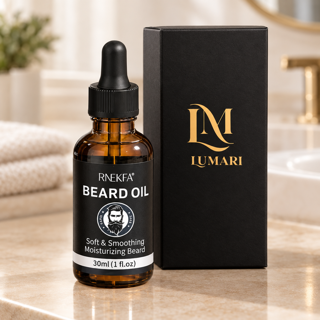 Beard oil and Lumari box on a warm vanity