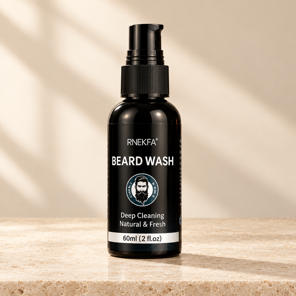 Beard wash bottle in a clean ivory studio setting