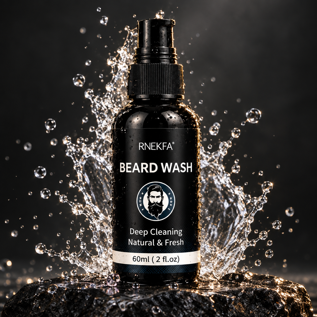 Beard wash bottle with a refined water-splash background