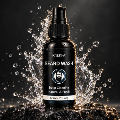 Beard wash bottle with a refined water-splash background