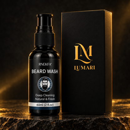 Black-and-gold photo with original beard wash bottle and Lumari box
