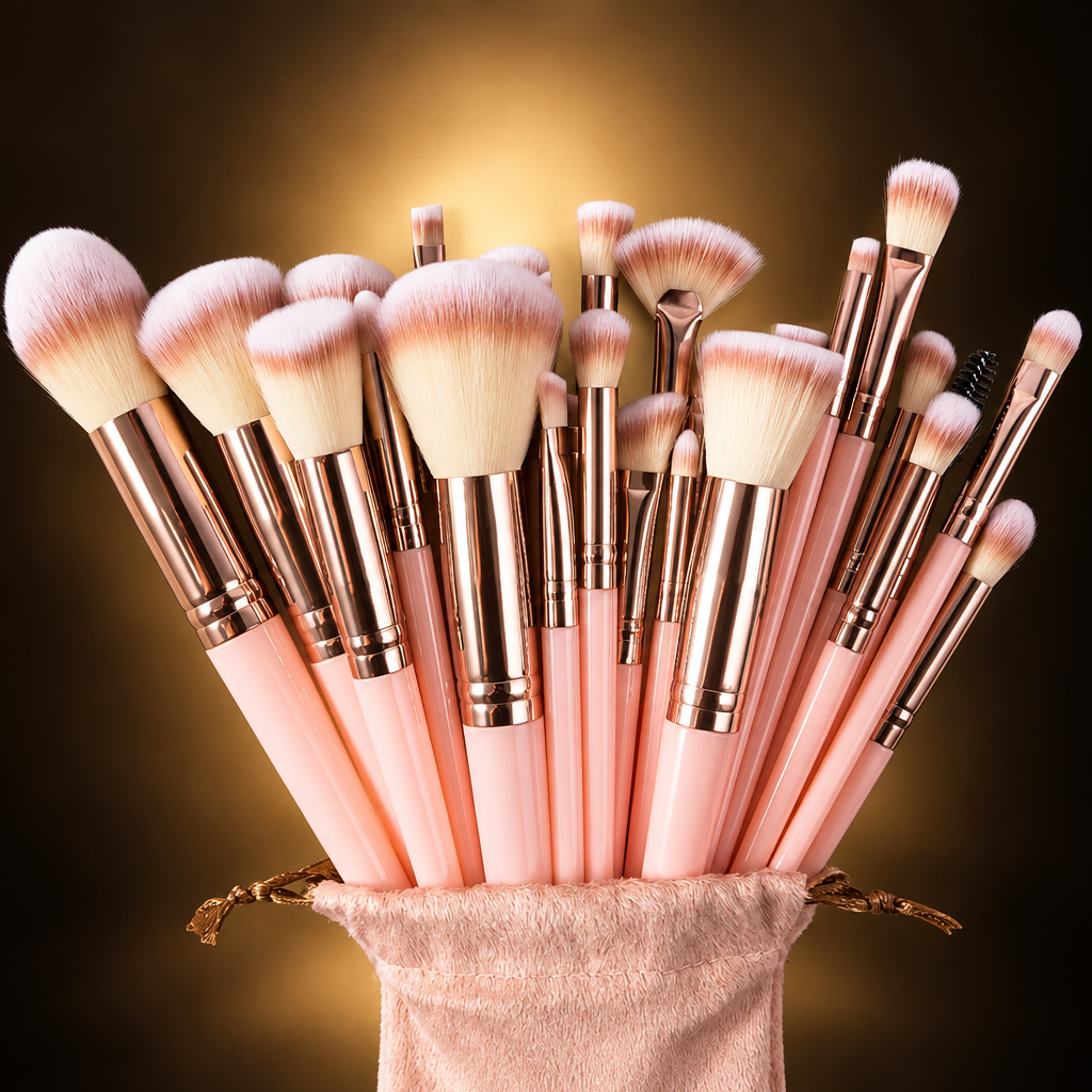Brush set fanned from the pouch on a black and gold background