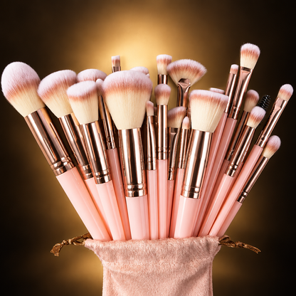 Brush set fanned from the pouch on a black and gold background
