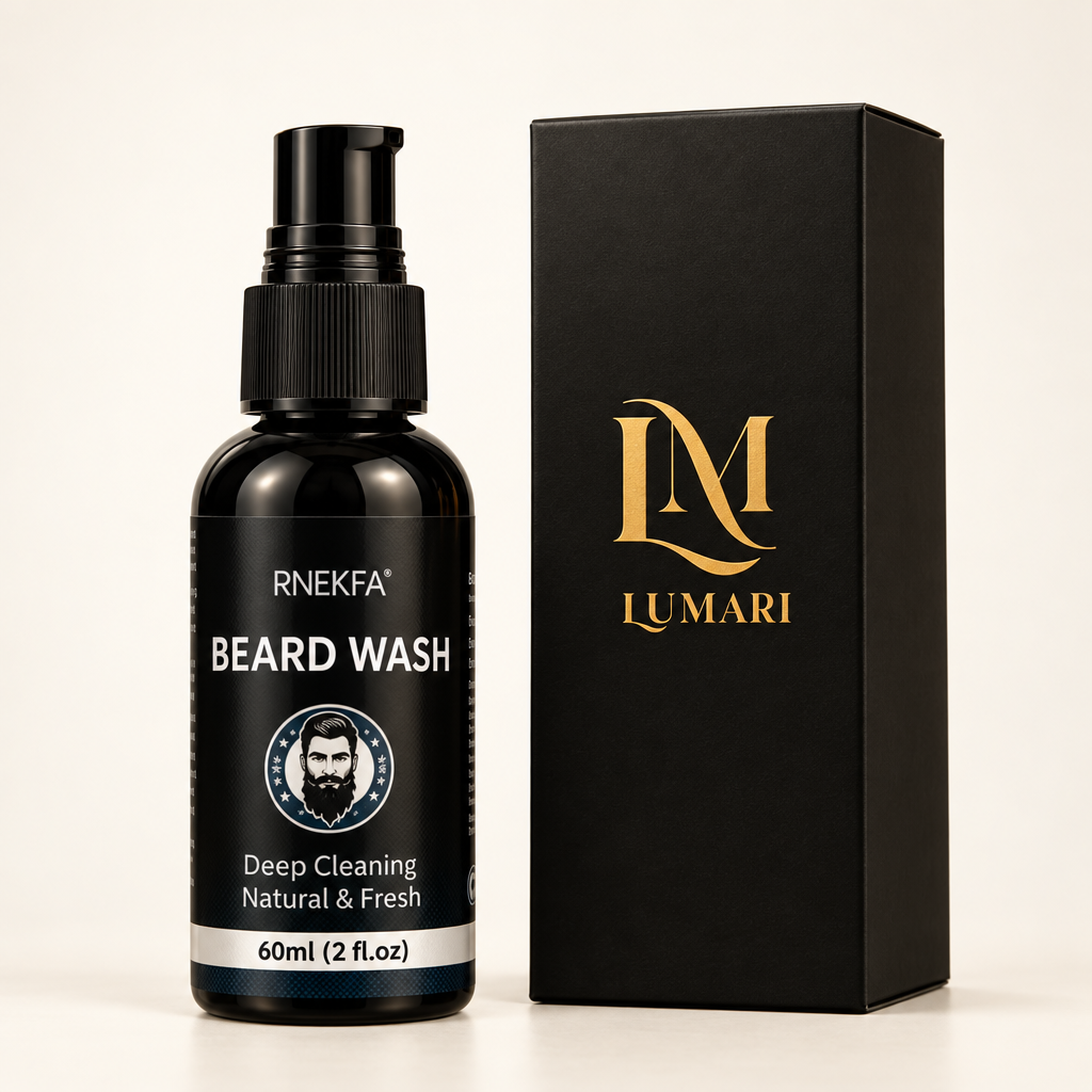 Clean studio photo with original beard wash bottle and Lumari box