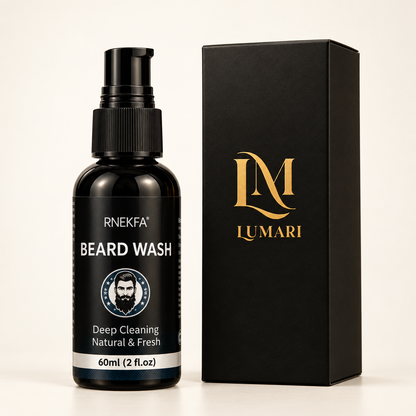 Clean studio photo with original beard wash bottle and Lumari box