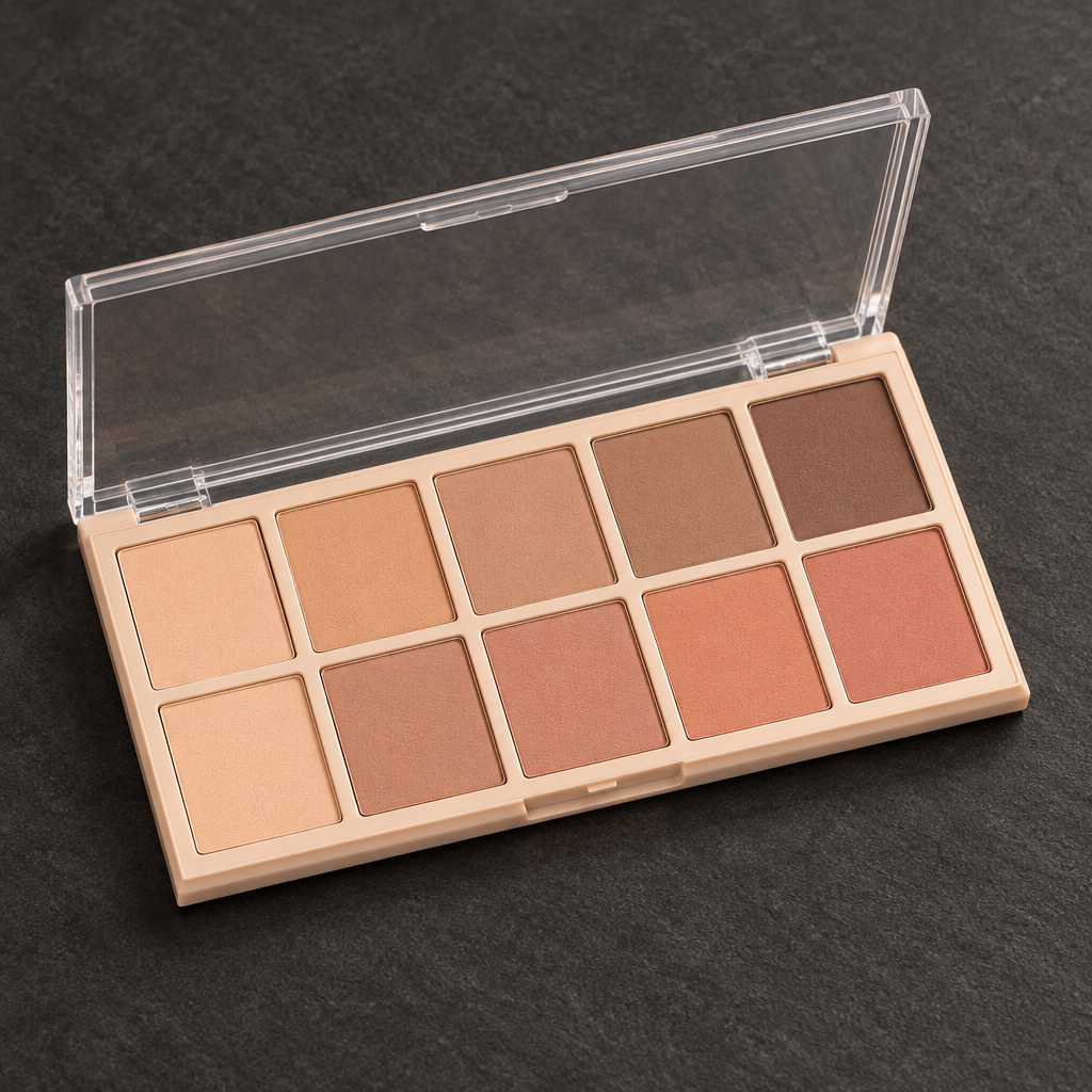 Close-up of the nude eyeshadow palette on a dark surface