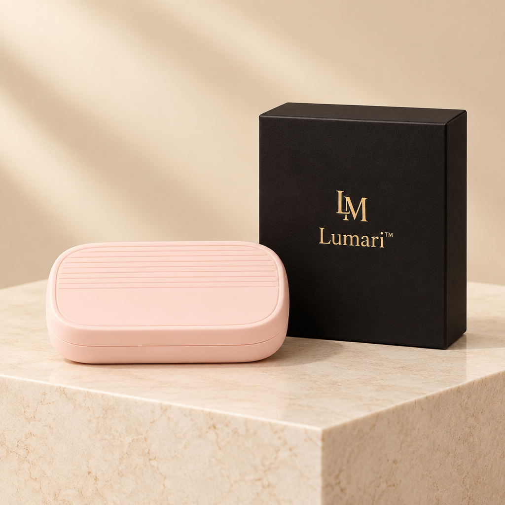 Closed pink grooming case with Lumari box