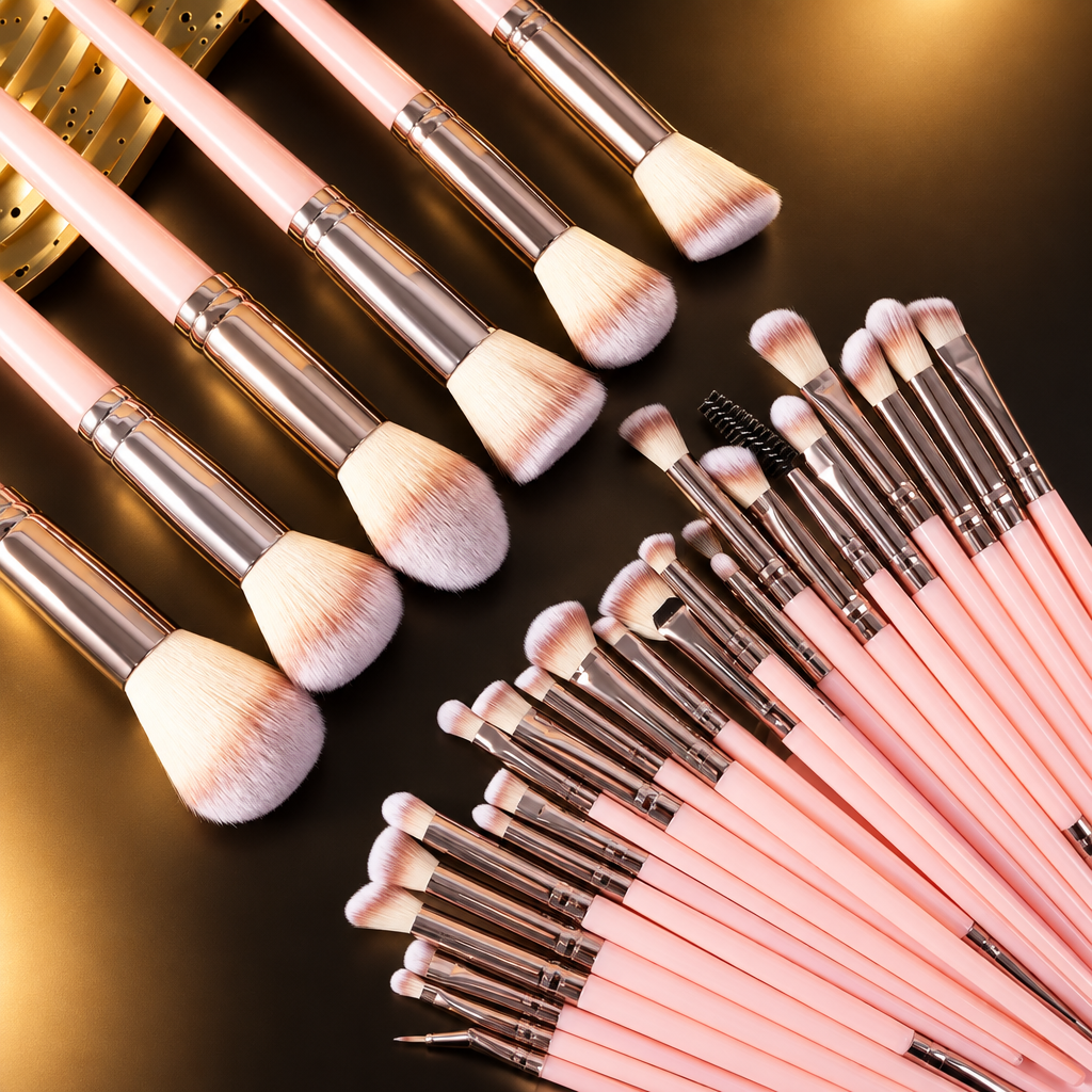Flat lay of brushes on black with gold glow