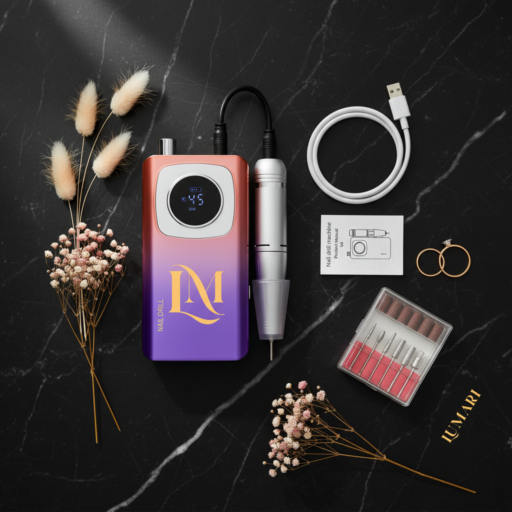 Lumari Nail Drill - Full Kit Flat Lay