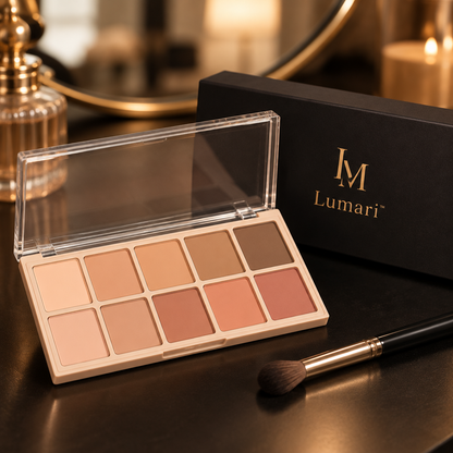 Nude palette and black Lumari box in a vanity setting