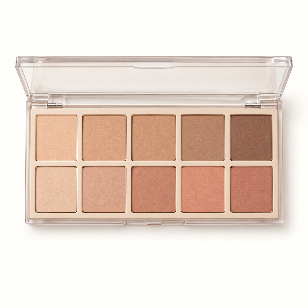 Open nude eyeshadow palette on a warm white background