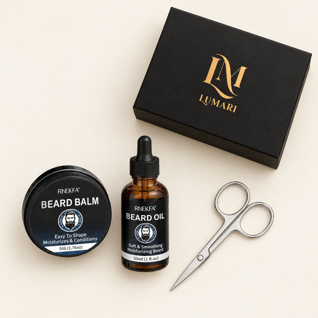 Original beard kit flat lay beside Lumari box