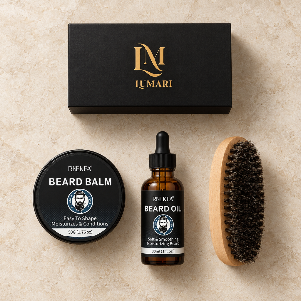 Overhead beard kit photo, logo only on the box