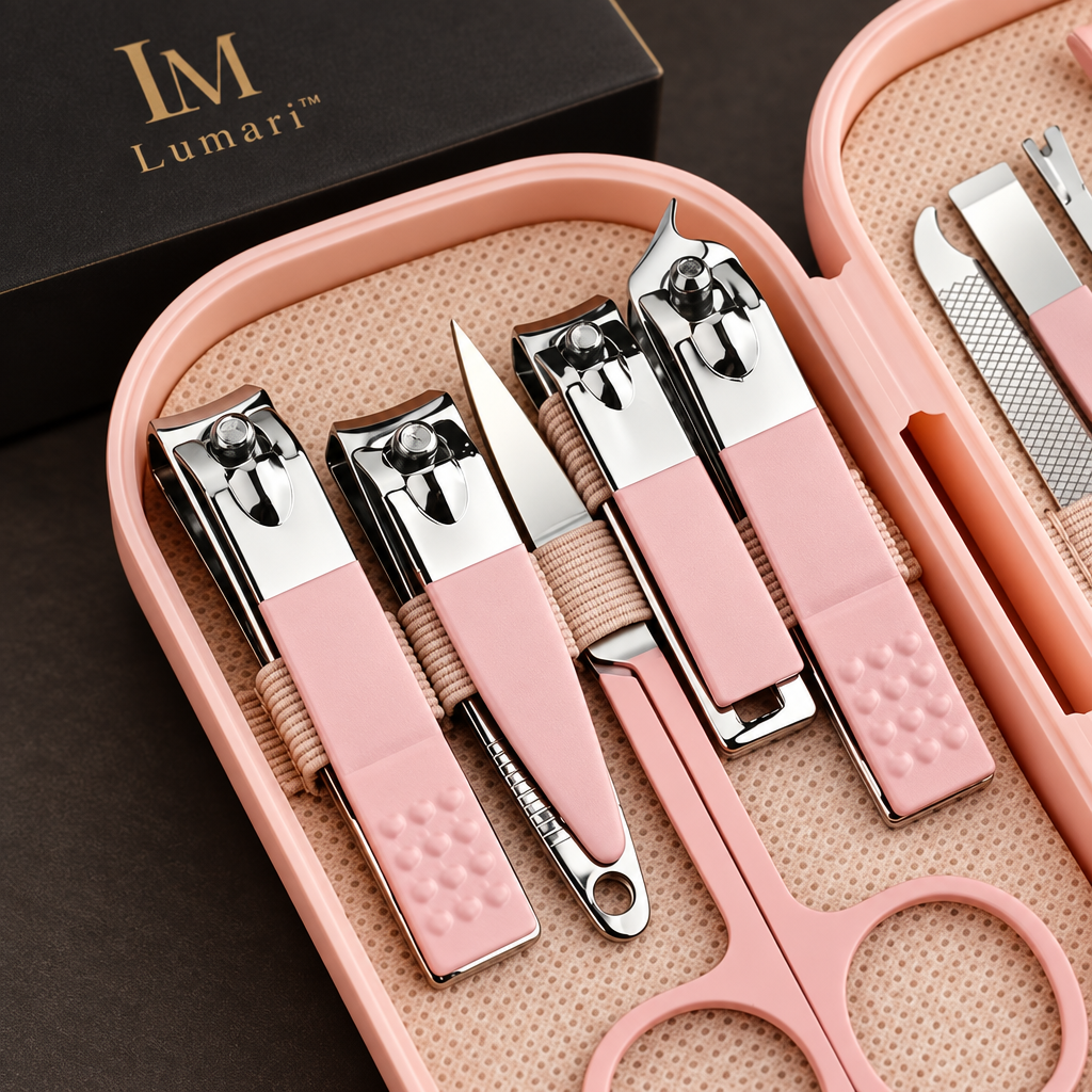 Premium close-up of the Lumari grooming kit