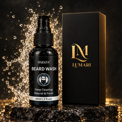 Water-splash photo with original beard wash bottle and Lumari box
